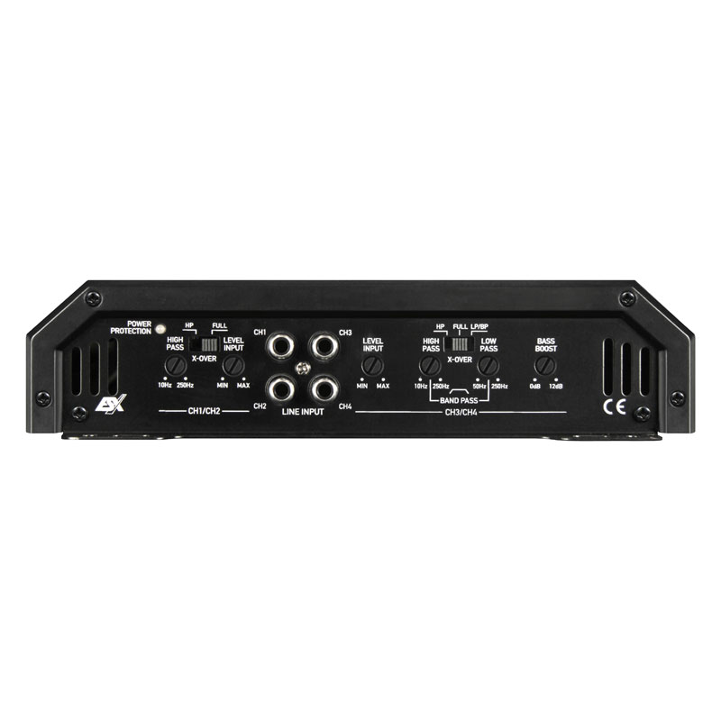 HXE100.4-02 Front control panel of car audio amplifier with input and crossover settings at Apex Automotive UK